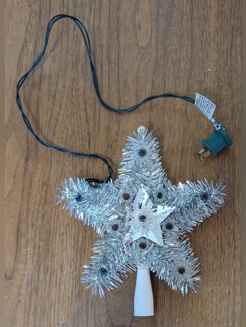 Vintage Silver Tinsel Lighted Christmas Tree Topper Star Adapting Dual Strands